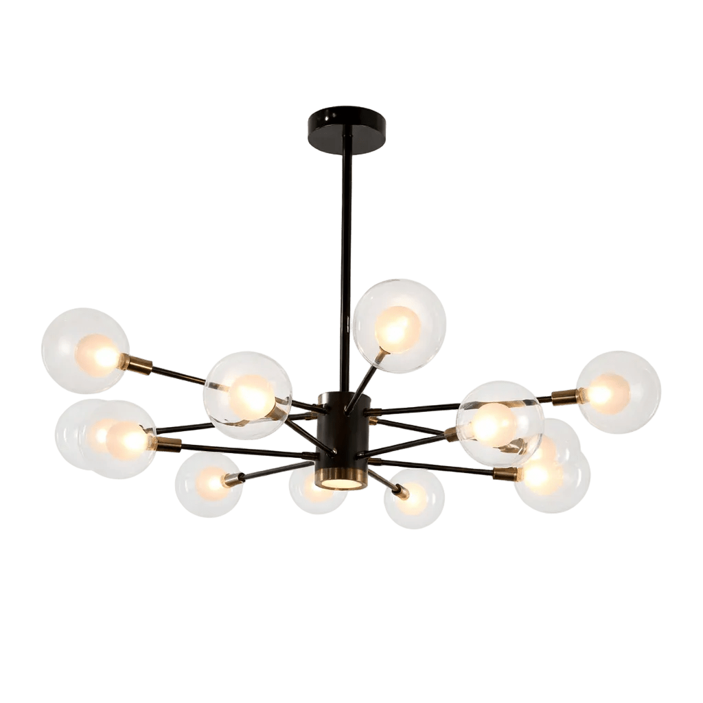 Black and gold LED chandelier with twelve spherical glass shades, arranged in a starburst pattern.