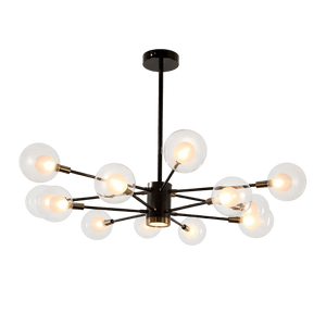Black and gold LED chandelier with twelve spherical glass shades, arranged in a starburst pattern.