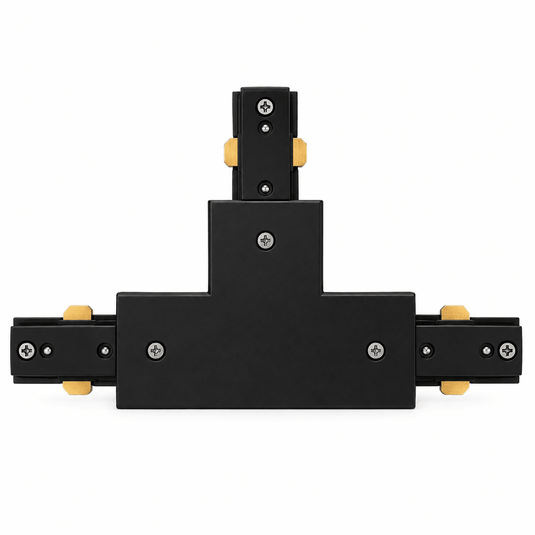 Black T-connector for 3-wire track lighting, featuring secure fittings and durable design.