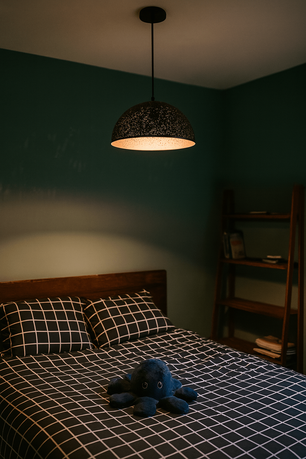 Black metal pendant light with starry cut-out shade hanging above a bed with grid-patterned bedding and a plush toy.