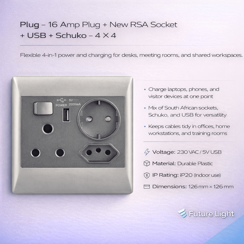 Plug - 16 Amp Plug + New RSA Socket + USB + Schuko - 4 X 4