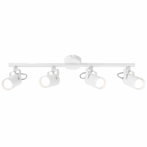Four adjustable white ceiling spotlights mounted on a sleek bar, ideal for task lighting.