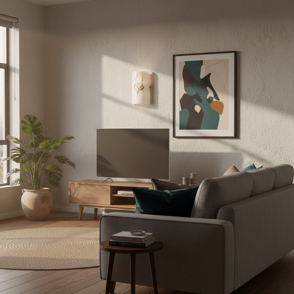 Contemporary indoor wall light with patterned glass, mounted beside artwork in a stylish living room.