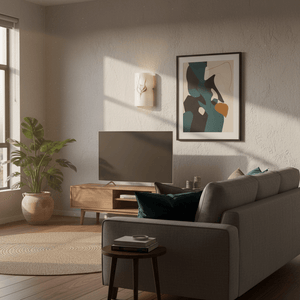 Contemporary indoor wall light with patterned glass, mounted beside artwork in a stylish living room.