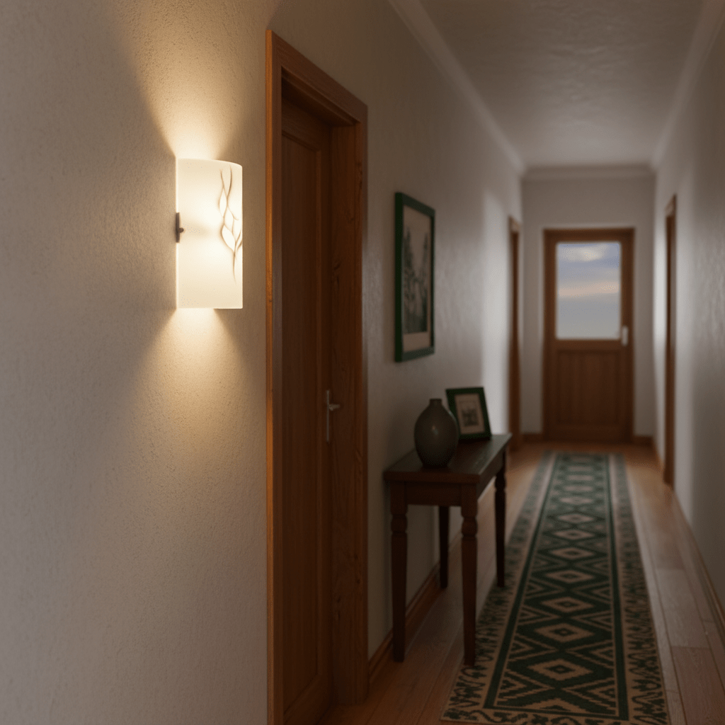 Patterned glass wall bracket illuminating a hallway with wooden doors and a decorative runner.