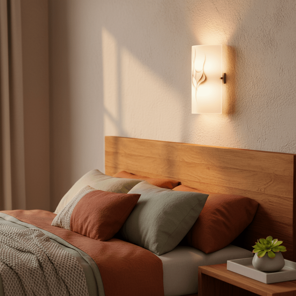 Patterned glass wall bracket mounted beside a bed, casting a warm glow on a wooden headboard and colorful pillows.