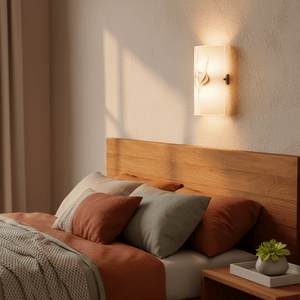 Patterned glass wall bracket mounted beside a bed, casting a warm glow on a wooden headboard and colorful pillows.