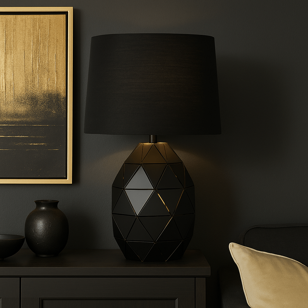 LED desk lamp for Cape Town office workspace, adjustable table lamp on modern work desk, Cool White 4000K task light, realistic 800x800 commercial interior with navy, oak and brass accents