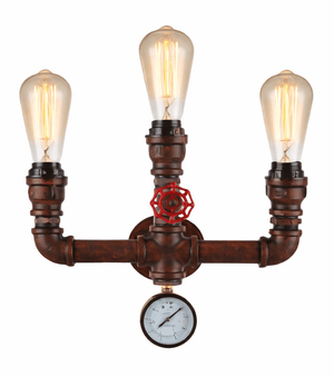 Vintage-style wall light fixture with three lit bulbs and a pressure gauge on a white background