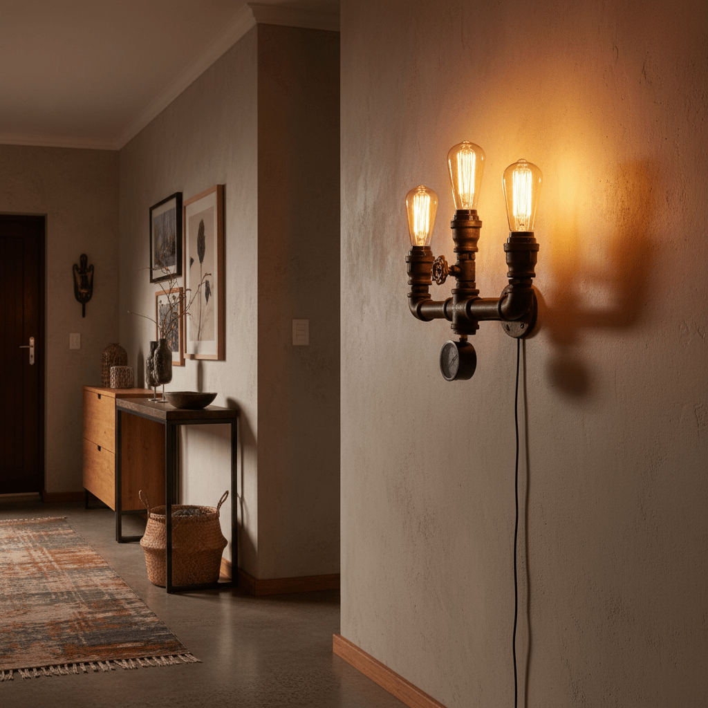 Industrial-style indoor wall light with three exposed bulbs, mounted on a textured wall, illuminating a cozy hallway.