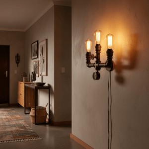 Industrial-style indoor wall light with three exposed bulbs, mounted on a textured wall, illuminating a cozy hallway.