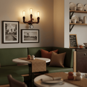 Industrial-style indoor wall light with three bulbs above a cozy restaurant seating area.