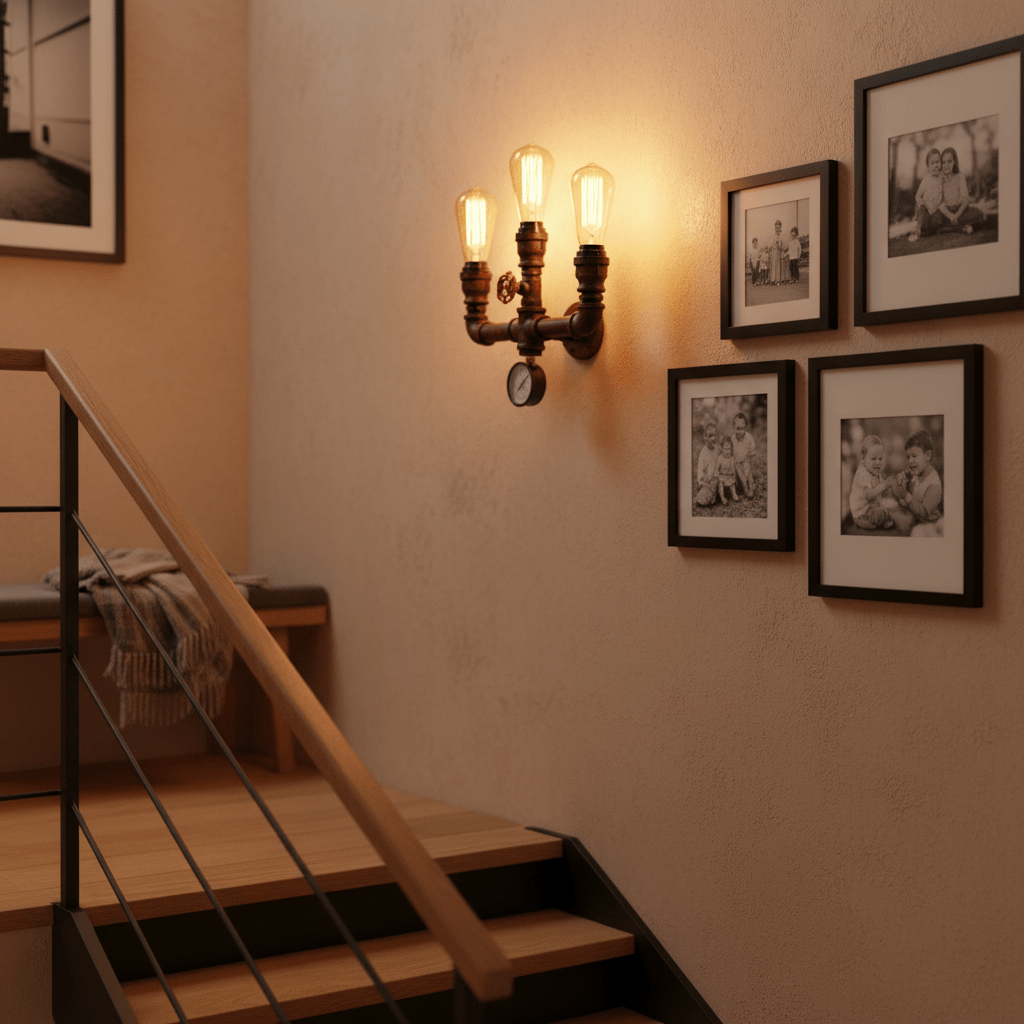 Industrial-style wall light with three bulbs illuminating a staircase, surrounded by framed photos.