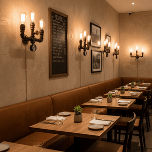 Industrial-style wall lights illuminate a cozy restaurant setting with wooden tables and leather seating.