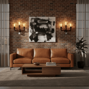 Industrial-style wall lights flanking a modern artwork above a cozy leather sofa in a brick-walled living room.