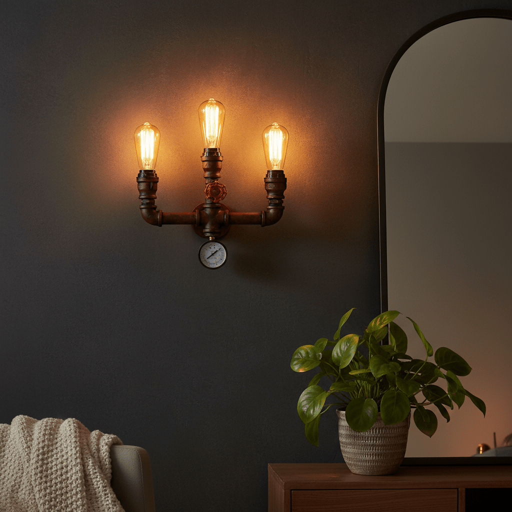 Industrial-style wall light with three bulbs, aged iron finish, mounted on a dark wall, featuring a plant and cozy decor.