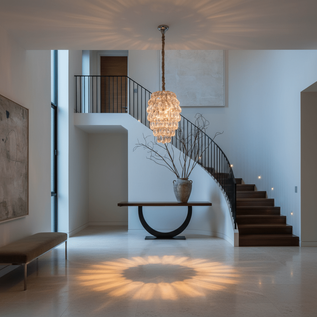 Amber crystal chandelier hanging in a modern foyer, casting a sunburst light pattern on the floor.