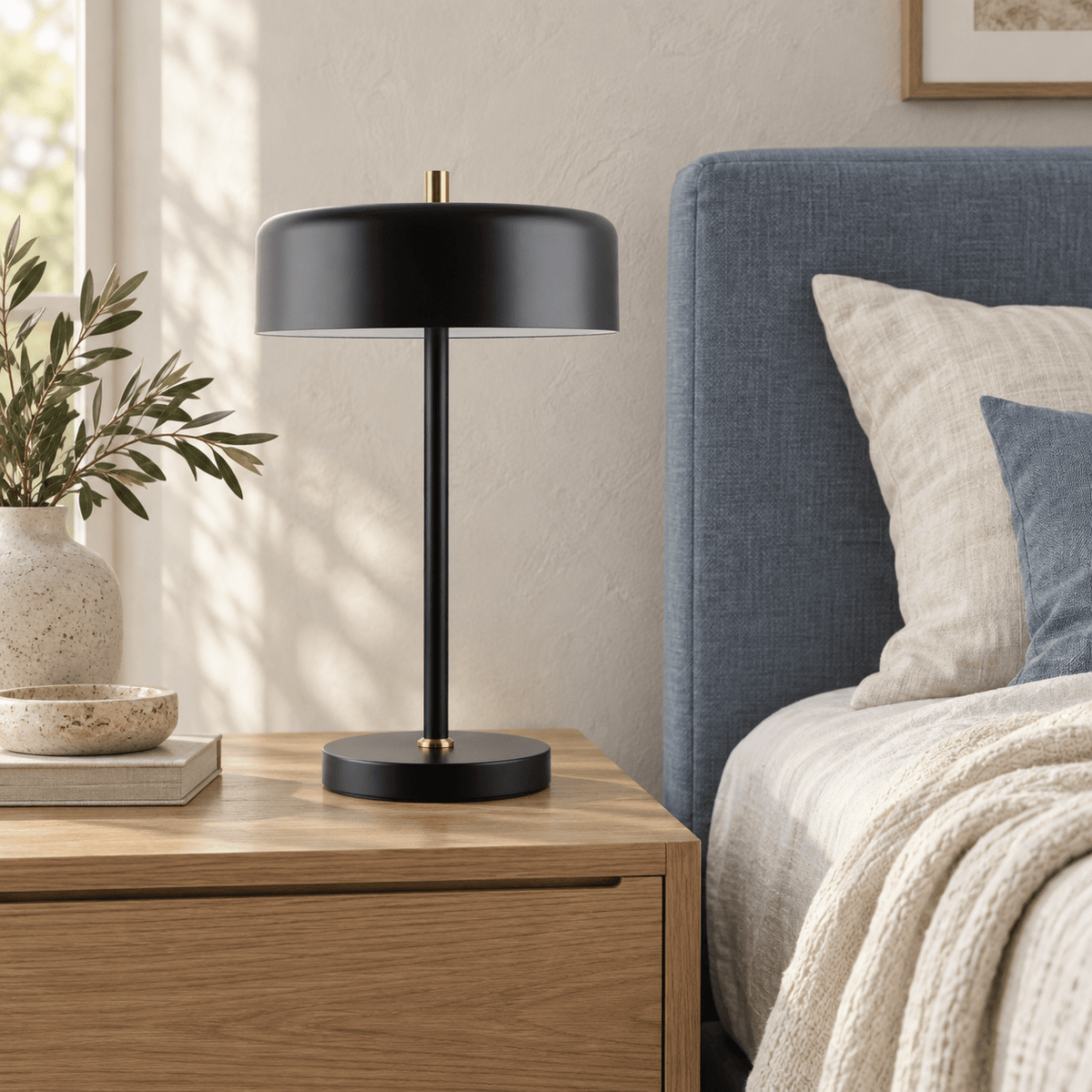 Diaz black table lamp on a bedroom nightstand
