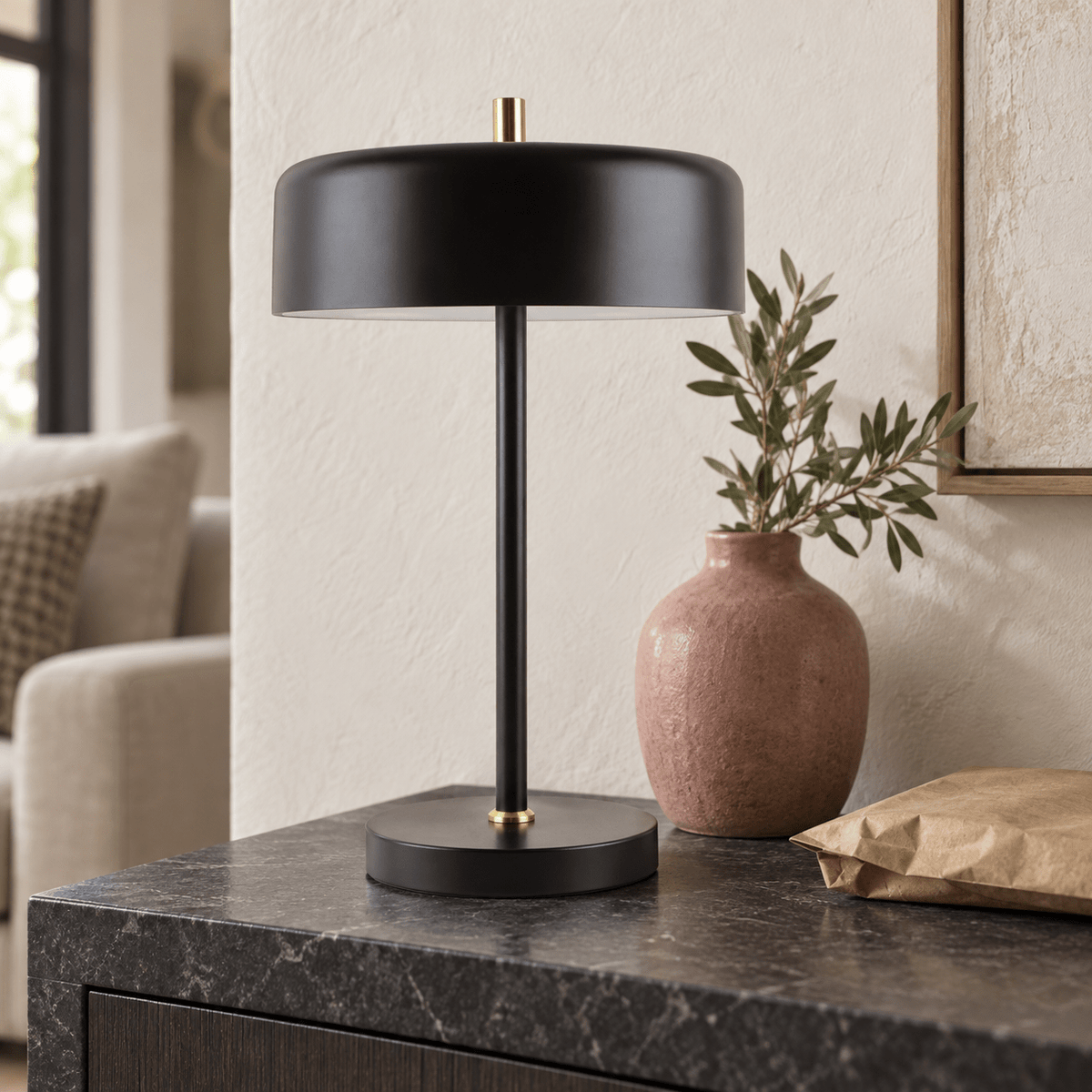 Diaz black table lamp on a dark stone console