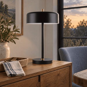Diaz black table lamp on a dining nook sideboard