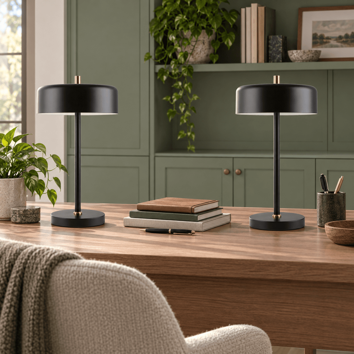 Pair of Diaz black table lamps on a home office desk