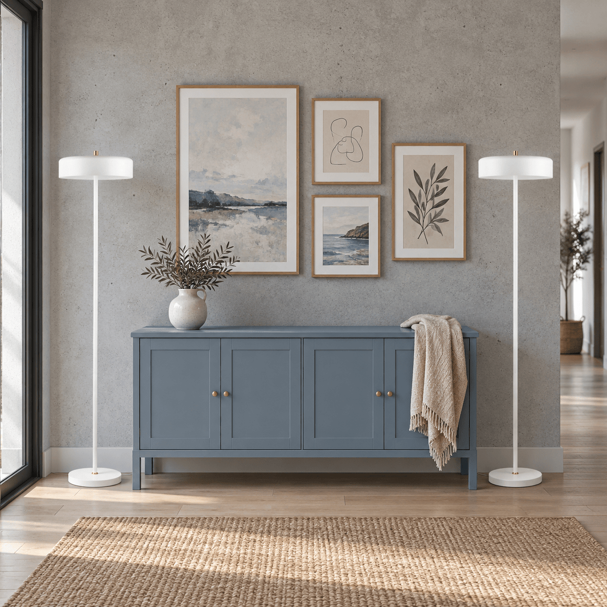 Pair of Diaz white floor lamps in a dusty blue hallway