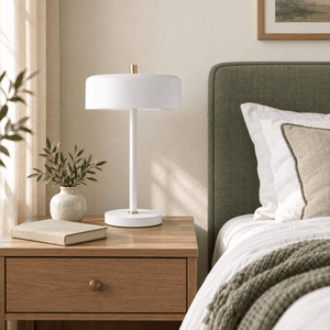 Diaz white table lamp on a sage bedroom nightstand
