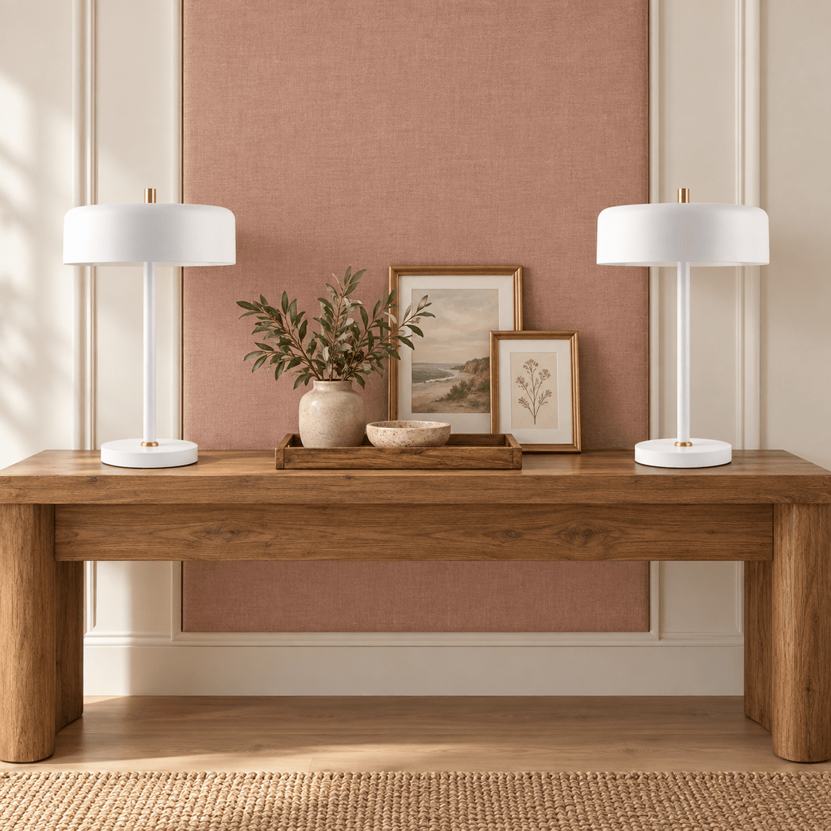 Pair of Diaz white table lamps on a clay pink console