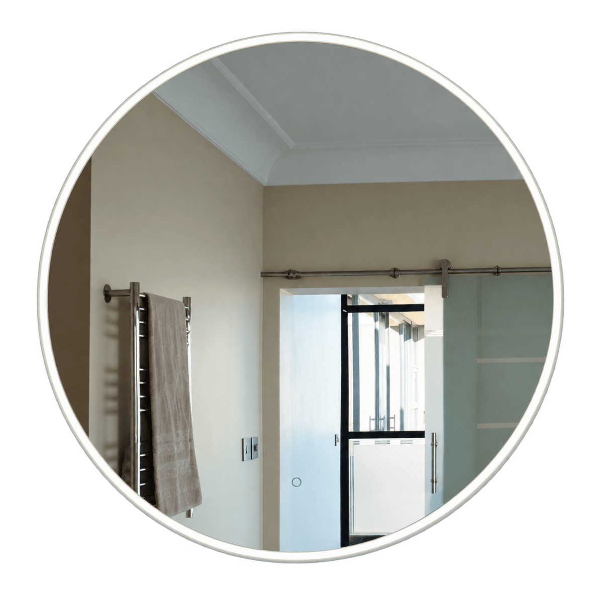 Diva frameless round LED mirror with reflected bathroom scene, on a transparent background.