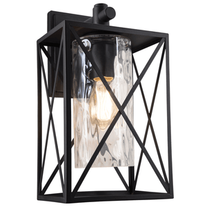 Down-facing black metal lantern with textured glass on a white background
