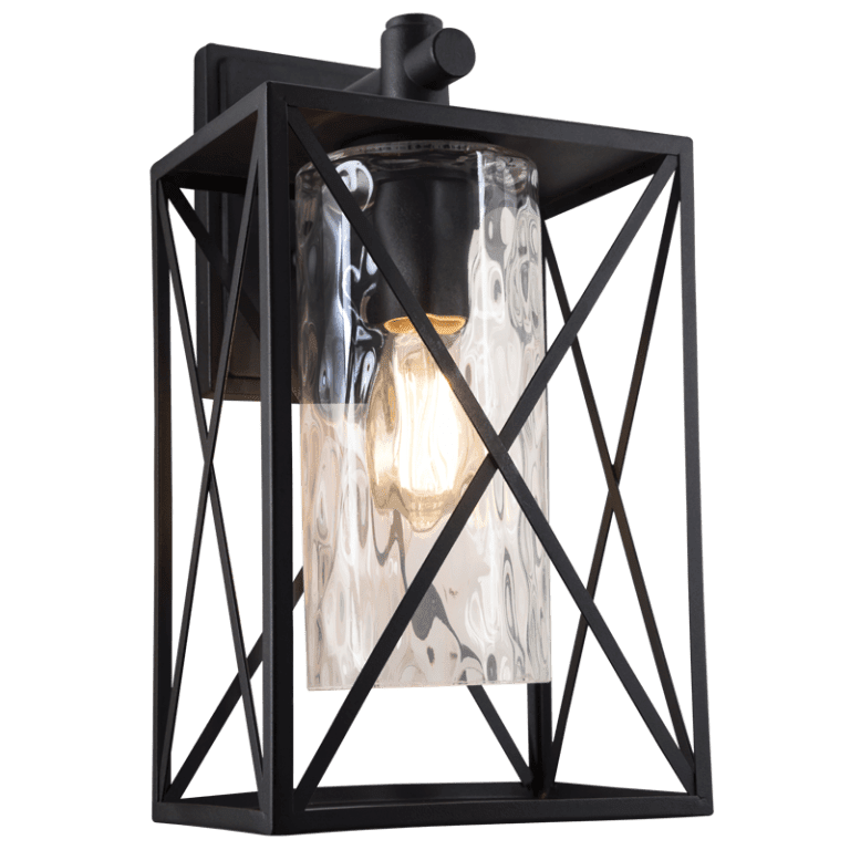 Down-facing black metal lantern with textured glass on a white background