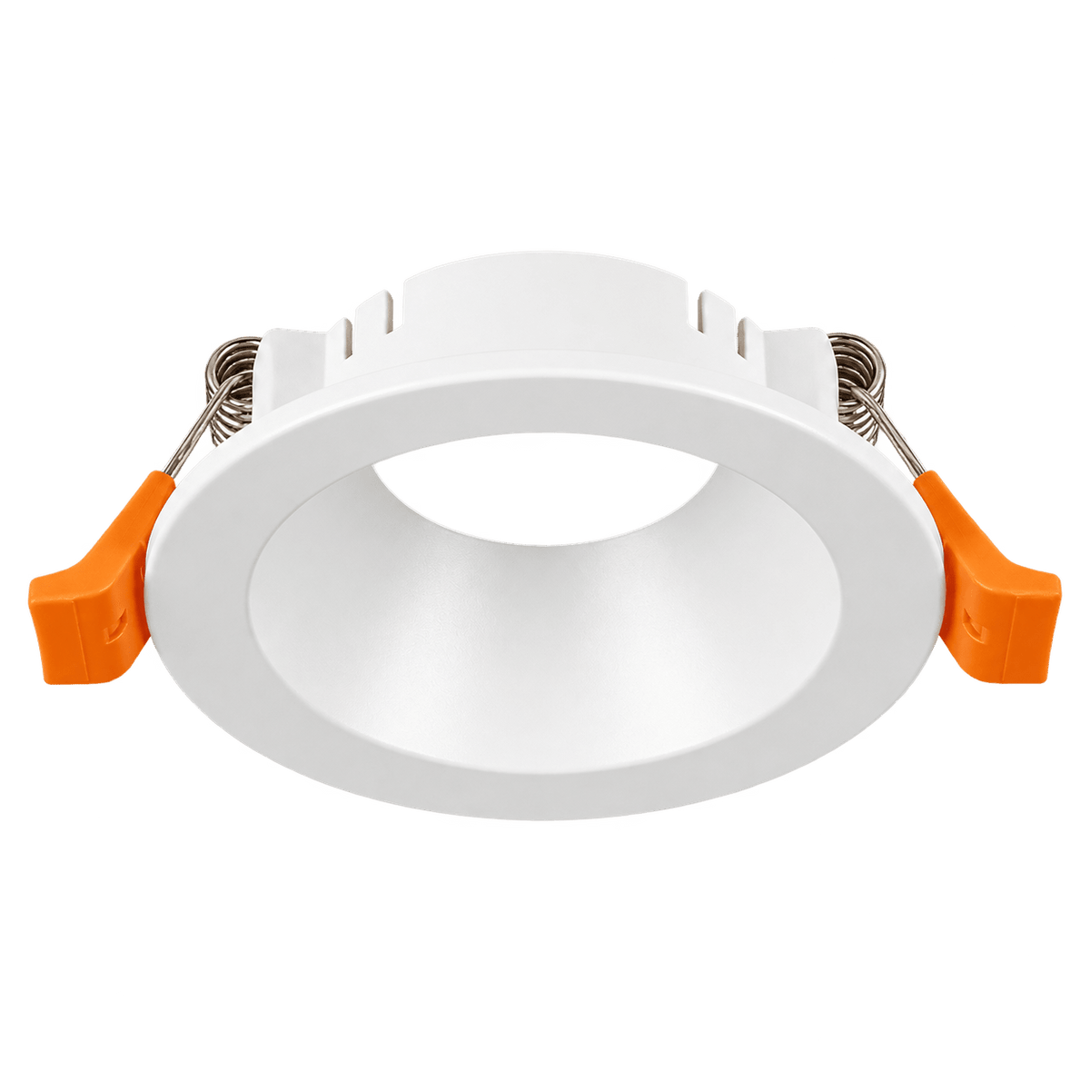 White round straight downlight holder with orange clips, transparent background