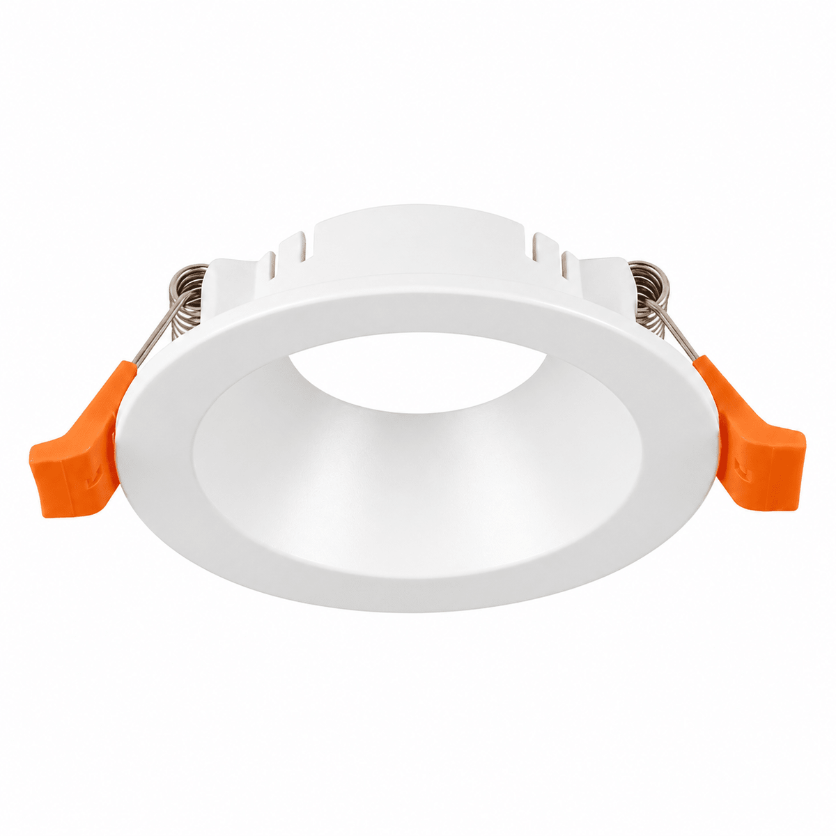 White round straight downlight holder with orange clips on white background