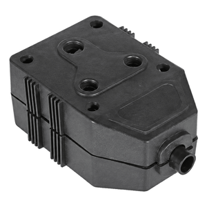 Close-up view of a black 2-way PVC Janus coupler, showcasing its design and connection points.