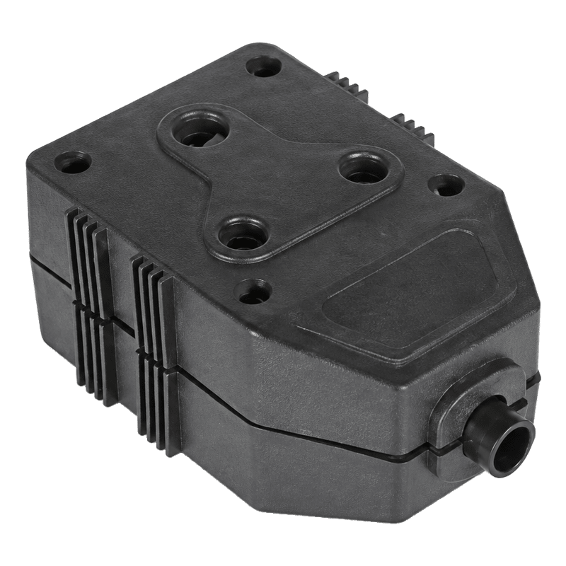 Close-up view of a black 2-way PVC Janus coupler, showcasing its design and connection points.