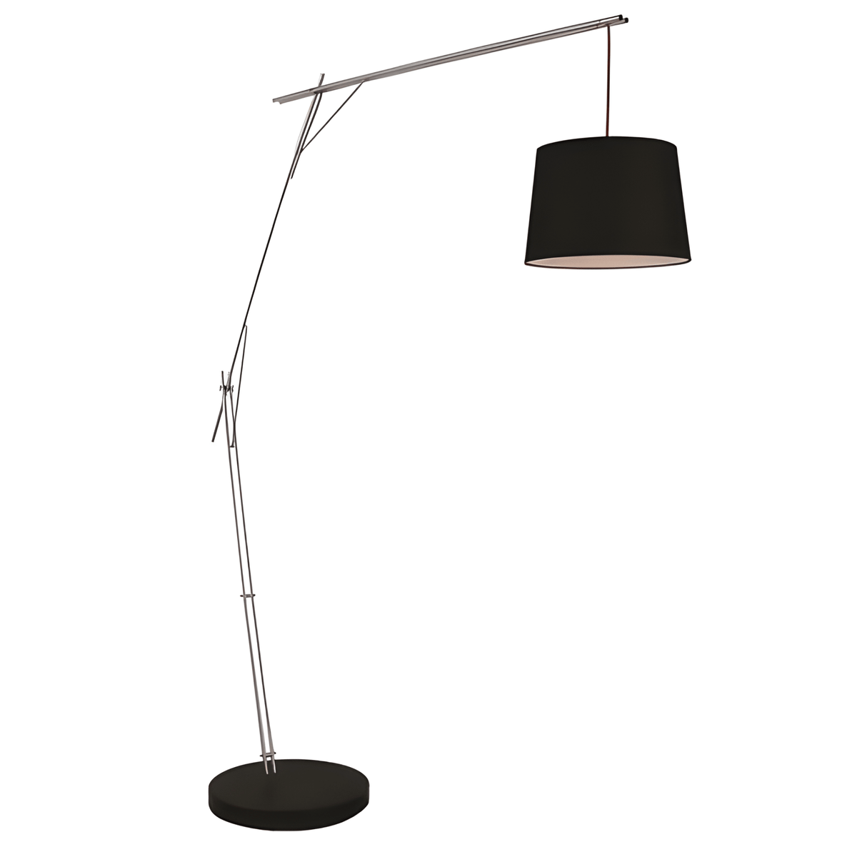Black cantilever floor lamp with adjustable metal arm and cylindrical shade, set against a plain white background.