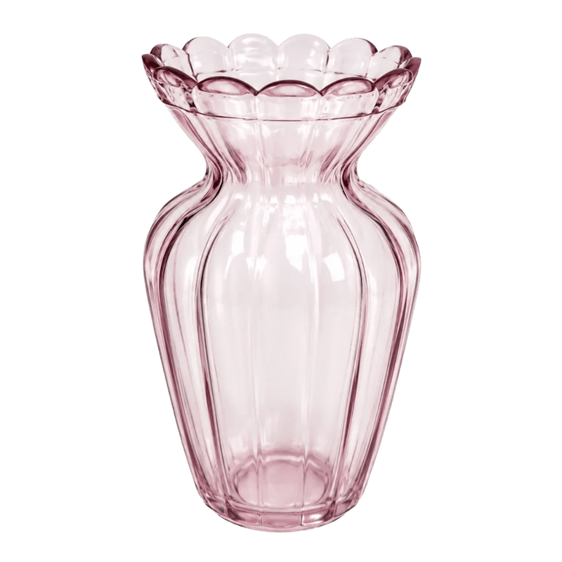 Transparent dusty pink glass vase with scalloped rim