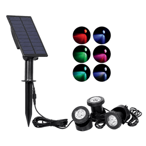 Solar RGB Pond Light Kit with solar panel and three adjustable lights showcasing vibrant color options.