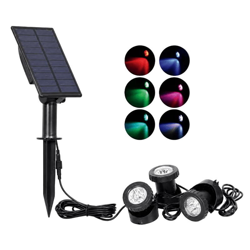 Solar RGB Pond Light Kit with solar panel and three adjustable lights showcasing vibrant color options.