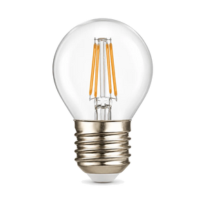 Clear round LED bulb with visible amber filament strips and screw base