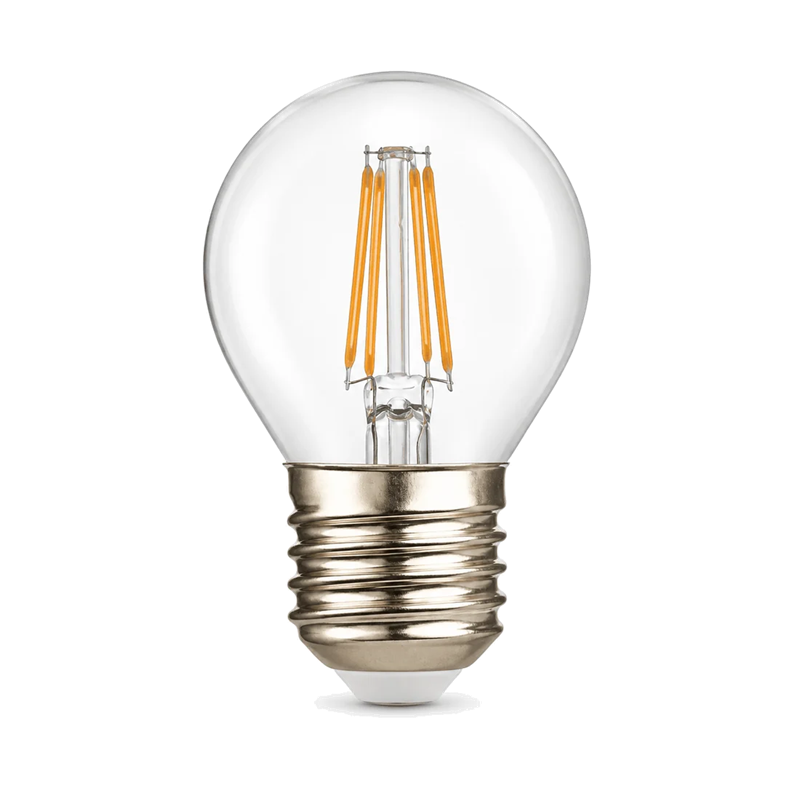 Clear round LED bulb with visible amber filament strips and screw base