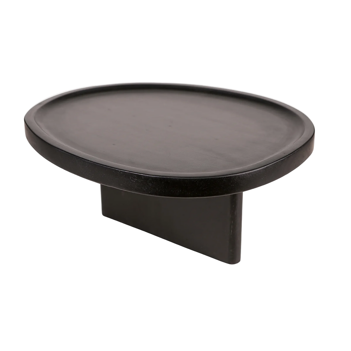 Black oval sofa tray with raised rim mounted on a rectangular support, solid mango wood, 40×34×18 cm