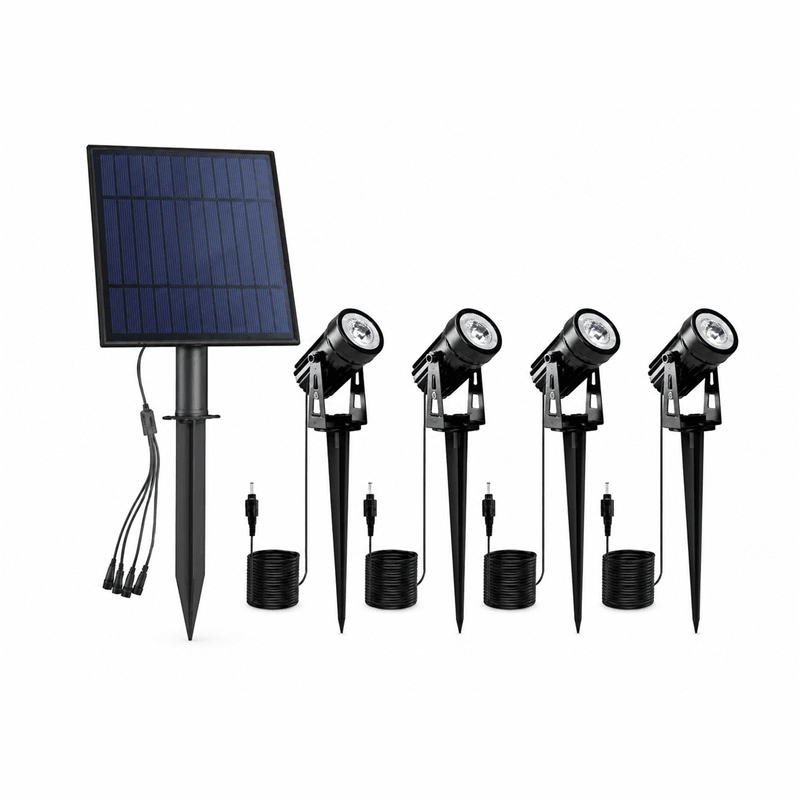RGB Solar Spike Light Kit featuring a solar panel and four spike lights, ideal for garden accent lighting.