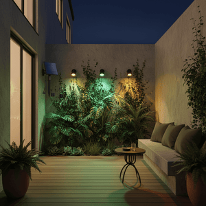 RGB solar spike lights illuminating a garden wall with lush plants, creating a vibrant outdoor ambiance.