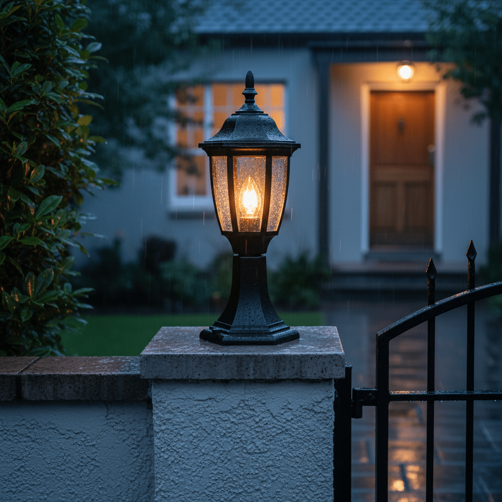 Black lantern-style outdoor wall light on a stone pillar, glowing warmly in rain, with house and gate behind