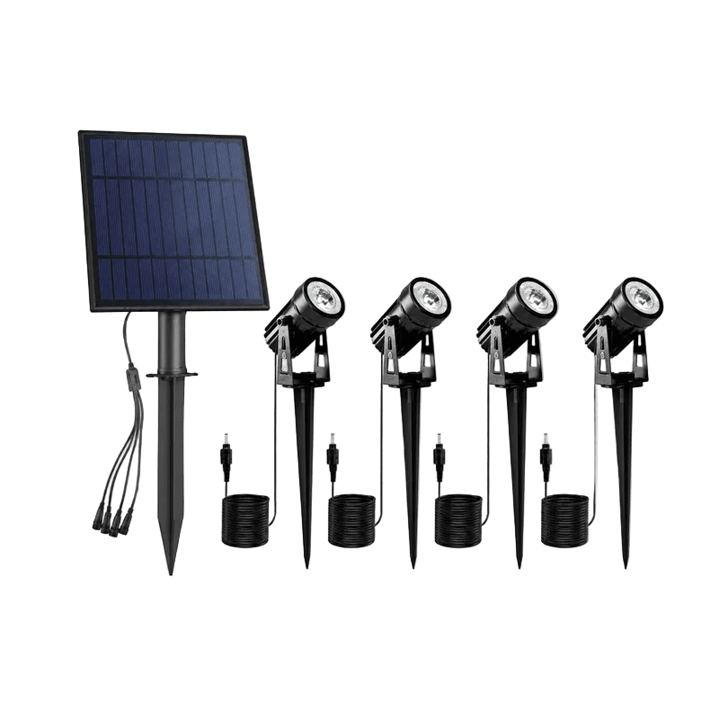 RGB Solar Spike Light Kit with solar panel and four spike lights for outdoor accent lighting.