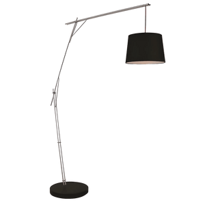 Black cantilever floor lamp with adjustable metal arm and cylindrical shade