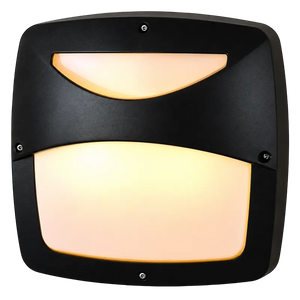 Black rectangular bulkhead light with two warm illuminated curved diffusers