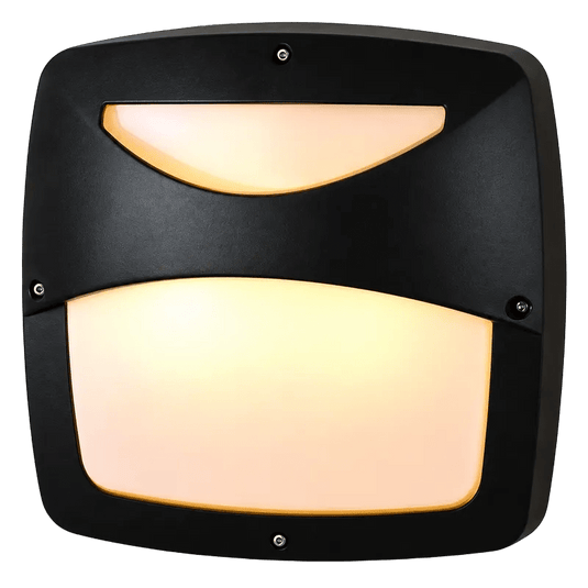 Black rectangular bulkhead light with two warm illuminated curved diffusers