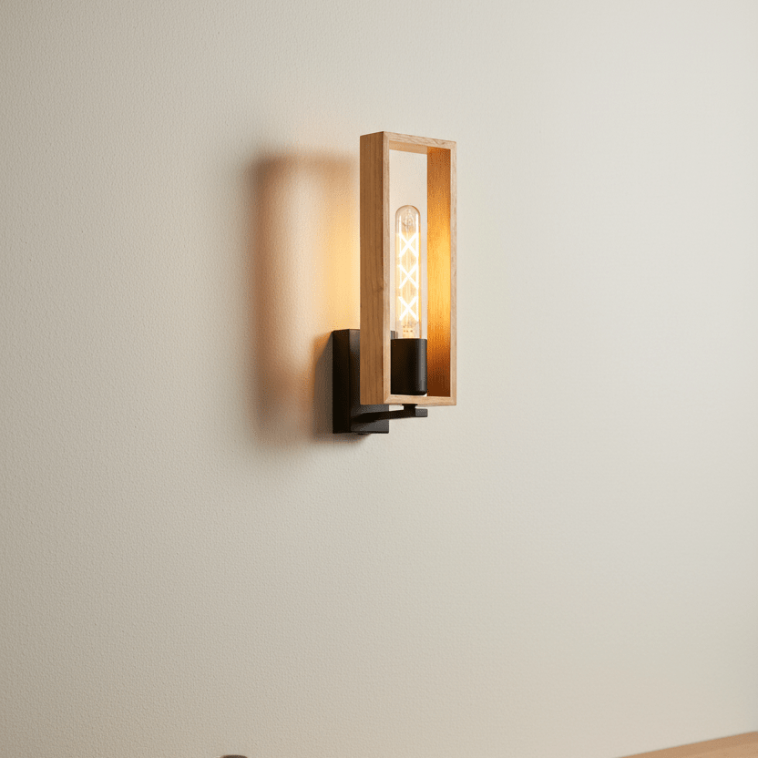 A wooden wall light with a rectangular frame, featuring a clear bulb and a black base, mounted on a light-colored wall.